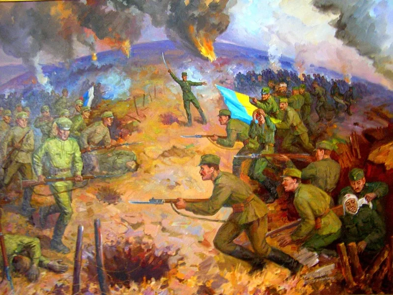1870-Osyp Kuryłas - Battaglia sul monte Lysonya tra l'esercito imperiale russo zarista (a sinistra) e gli ucraini degli eserciti imperiali e